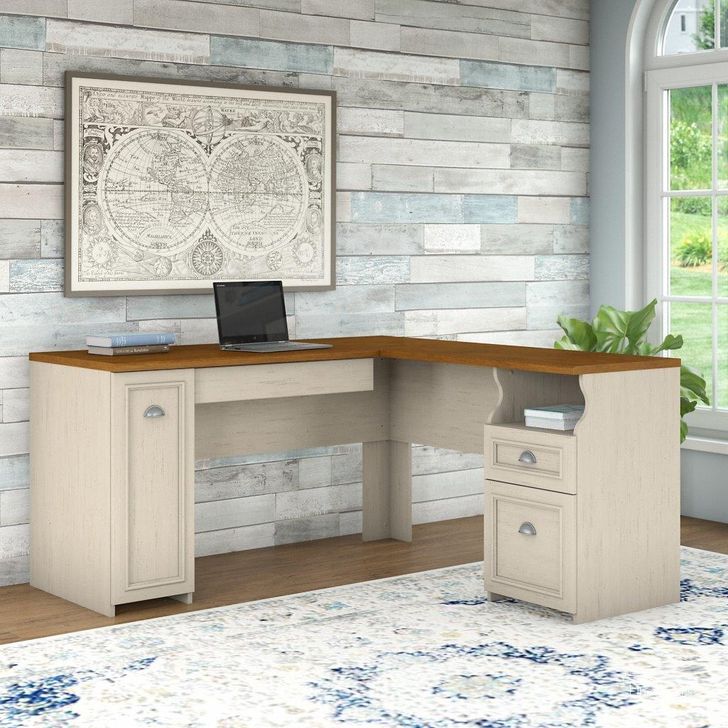 The appearance of Bush Furniture Fairview 60W L Shaped Desk with Drawers and Storage Cabinet in Antique White and Tea Maple designed by Bush Furniture in the country / farmhouse interior design. This antique white piece of furniture  was selected by 1StopBedrooms from Fairview Collection to add a touch of cosiness and style into your home. Sku: WC53230-03K. Product Type: Desk. Image1