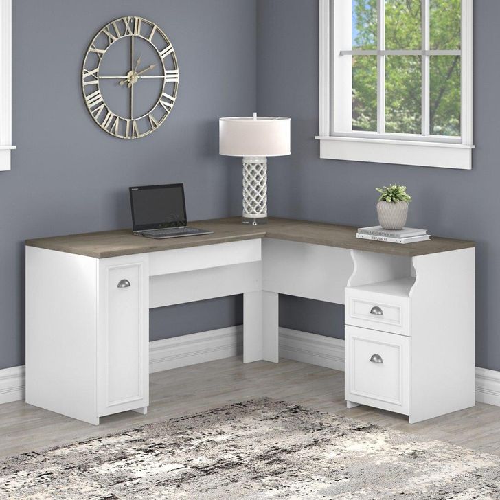 The appearance of Bush Furniture Fairview 60W L Shaped Desk With Drawers And Storage Cabinet In Pure White And Shiplap Gray designed by Bush Furniture in the country / farmhouse interior design. This gray and white piece of furniture  was selected by 1StopBedrooms from Fairview Collection to add a touch of cosiness and style into your home. Sku: WC53630-03K. Material: Wood. Product Type: Desk. Image1