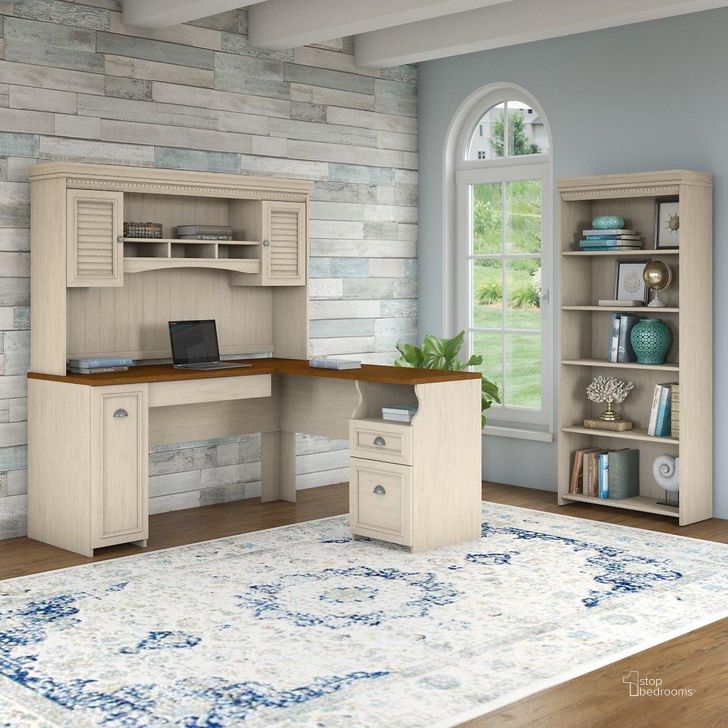 The appearance of Bush Furniture Fairview 60W L Shaped Desk with Hutch and 5 Shelf Bookcase in Antique White and Tea Maple designed by Bush Furniture in the country / farmhouse interior design. This antique white piece of furniture  was selected by 1StopBedrooms from Fairview Collection to add a touch of cosiness and style into your home. Sku: FV005AW. Material: Wood. Product Type: Desk & Hutch. Image1