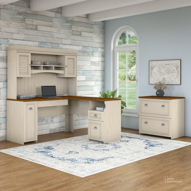 The appearance of Bush Furniture Fairview 60W L Shaped Desk with Hutch and Lateral File Cabinet in Antique White and Tea Maple designed by Bush Furniture in the country / farmhouse interior design. This antique white piece of furniture  was selected by 1StopBedrooms from Fairview Collection to add a touch of cosiness and style into your home. Sku: FV003AW. Material: Wood. Product Type: Desk & Hutch. Image1