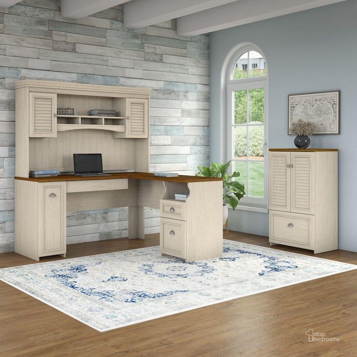 The appearance of Bush Furniture Fairview 60W L Shaped Desk with Hutch and Storage Cabinet with File Drawer in Antique White and Tea Maple designed by Bush Furniture in the country / farmhouse interior design. This antique white piece of furniture  was selected by 1StopBedrooms from Fairview Collection to add a touch of cosiness and style into your home. Sku: FV010AW. Material: Wood. Product Type: Desk & Hutch. Image1