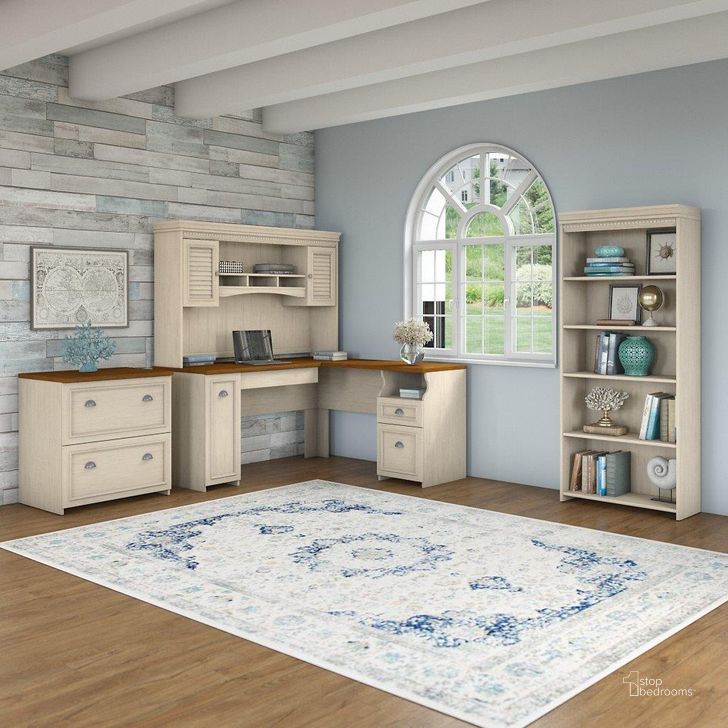 The appearance of Bush Furniture Fairview 60W L Shaped Desk with Hutch, Lateral File Cabinet and 5 Shelf Bookcase in Antique White and Tea Maple designed by Bush Furniture in the country / farmhouse interior design. This antique white piece of furniture  was selected by 1StopBedrooms from Fairview Collection to add a touch of cosiness and style into your home. Sku: FV006AW. Material: Wood. Product Type: Desk & Hutch. Image1