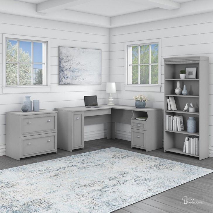 The appearance of Bush Furniture Fairview 60W L Shaped Desk With Lateral File Cabinet And 5 Shelf Bookcase In Cape Cod Gray designed by Bush Furniture in the country / farmhouse interior design. This gray piece of furniture  was selected by 1StopBedrooms from Fairview Collection to add a touch of cosiness and style into your home. Sku: FV008CG. Material: Wood. Product Type: Office Desk. Image1