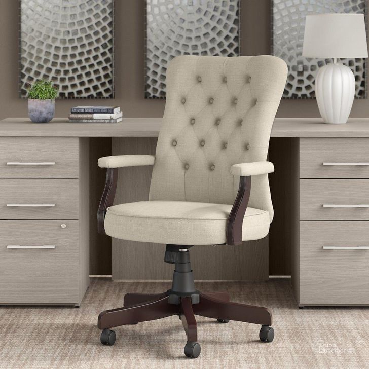 The appearance of Bush Furniture Fairview High Back Tufted Office Chair with Arms in Cream Fabric designed by Bush Furniture in the country / farmhouse interior design. This cream piece of furniture  was selected by 1StopBedrooms from Fairview Collection to add a touch of cosiness and style into your home. Sku: FVCH2303CRF-Z. Material: Fabric. Product Type: Office Chair. Image1