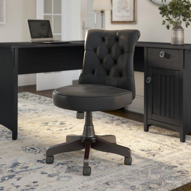 The appearance of Bush Furniture Fairview Mid Back Tufted Office Chair in Black Leather designed by Bush Furniture in the country / farmhouse interior design. This black leather piece of furniture  was selected by 1StopBedrooms from Fairview Collection to add a touch of cosiness and style into your home. Sku: FVCH2301BLL-Z. Material: Leather. Product Type: Office Chair. Image1