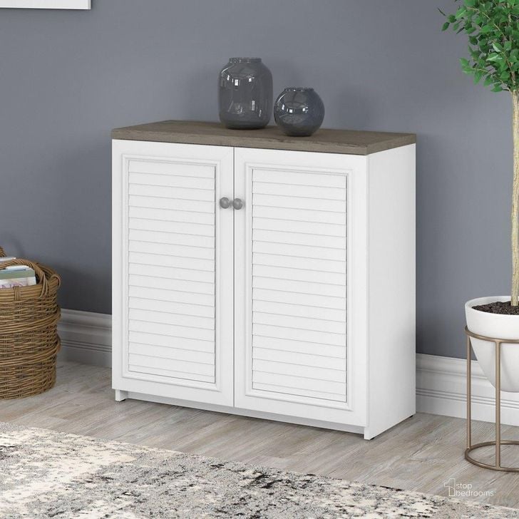 The appearance of Bush Furniture Fairview Small Storage Cabinet With Doors And Shelves In Pure White And Shiplap Gray designed by Bush Furniture in the country / farmhouse interior design. This gray and white piece of furniture  was selected by 1StopBedrooms from Fairview Collection to add a touch of cosiness and style into your home. Sku: WC53696-03. Material: Wood. Product Type: Storage Cabinet. Image1