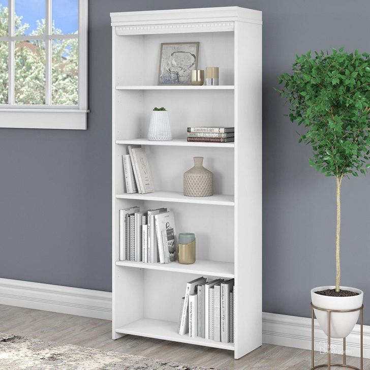The appearance of Bush Furniture Fairview Tall 5 Shelf Bookcase In Pure White And Shiplap Gray designed by Bush Furniture in the country / farmhouse interior design. This white piece of furniture  was selected by 1StopBedrooms from Fairview Collection to add a touch of cosiness and style into your home. Sku: WC53665-03. Material: Wood. Product Type: Bookcase. Image1