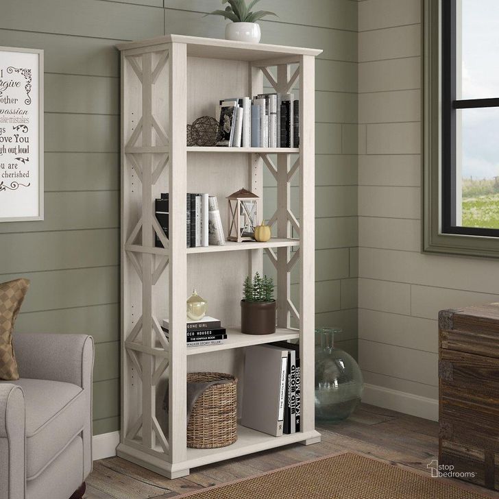The appearance of Bush Furniture Homestead 4 Shelf Farmhouse Bookcase in Linen White Oak designed by Bush Furniture in the country / farmhouse interior design. This oak and white piece of furniture  was selected by 1StopBedrooms from Homestead Collection to add a touch of cosiness and style into your home. Sku: HOB166LW-03. Material: Wood. Product Type: Bookcase. Image1