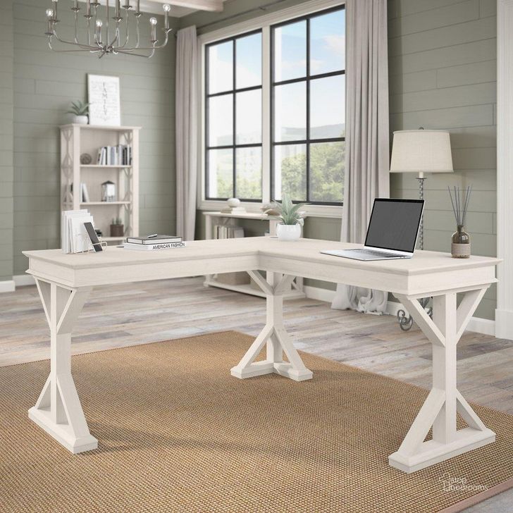 The appearance of Bush Furniture Homestead 60W Farmhouse L Shaped Desk in Linen White Oak designed by Bush Furniture in the country / farmhouse interior design. This oak and white piece of furniture  was selected by 1StopBedrooms from Homestead Collection to add a touch of cosiness and style into your home. Sku: HOD160LW-03K. Material: Wood. Product Type: Desk. Image1