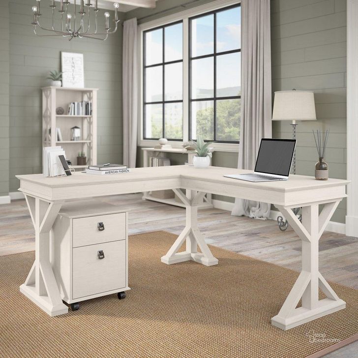 The appearance of Bush Furniture Homestead 60W Farmhouse L Shaped Desk with Mobile File Cabinet in Linen White Oak designed by Bush Furniture in the country / farmhouse interior design. This oak and white piece of furniture  was selected by 1StopBedrooms from Homestead Collection to add a touch of cosiness and style into your home. Sku: HOT002LW. Material: Wood. Product Type: Desk. Image1