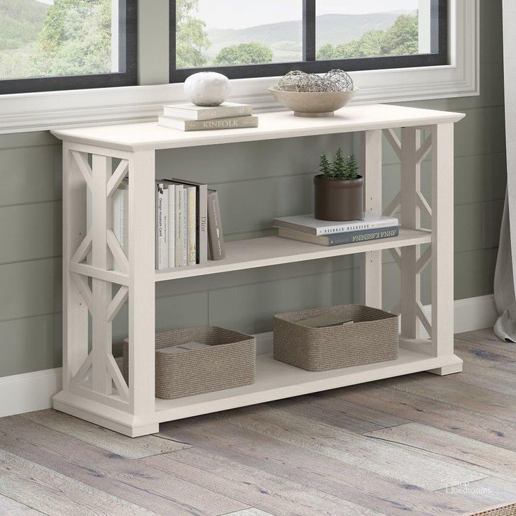 The appearance of Bush Furniture Homestead Console Table with Shelves in Linen White Oak designed by Bush Furniture in the country / farmhouse interior design. This oak and white piece of furniture  was selected by 1StopBedrooms from Homestead Collection to add a touch of cosiness and style into your home. Sku: HOT248LW-03. Material: Wood. Product Type: Console Table. Image1