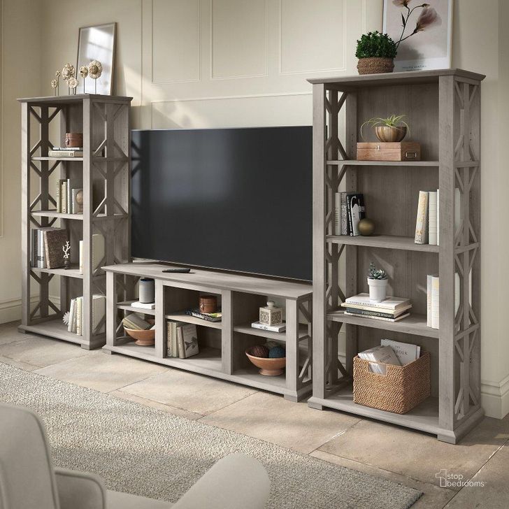 The appearance of Bush Furniture Homestead Farmhouse Tv Stand For 70 Inch Tv with 4 Shelf Bookcases in Driftwood Gray designed by Bush Furniture in the country / farmhouse interior design. This gray piece of furniture  was selected by 1StopBedrooms from Homestead Collection to add a touch of cosiness and style into your home. Sku: HOT012DG. Material: Wood. Product Type: TV Stand. Image1