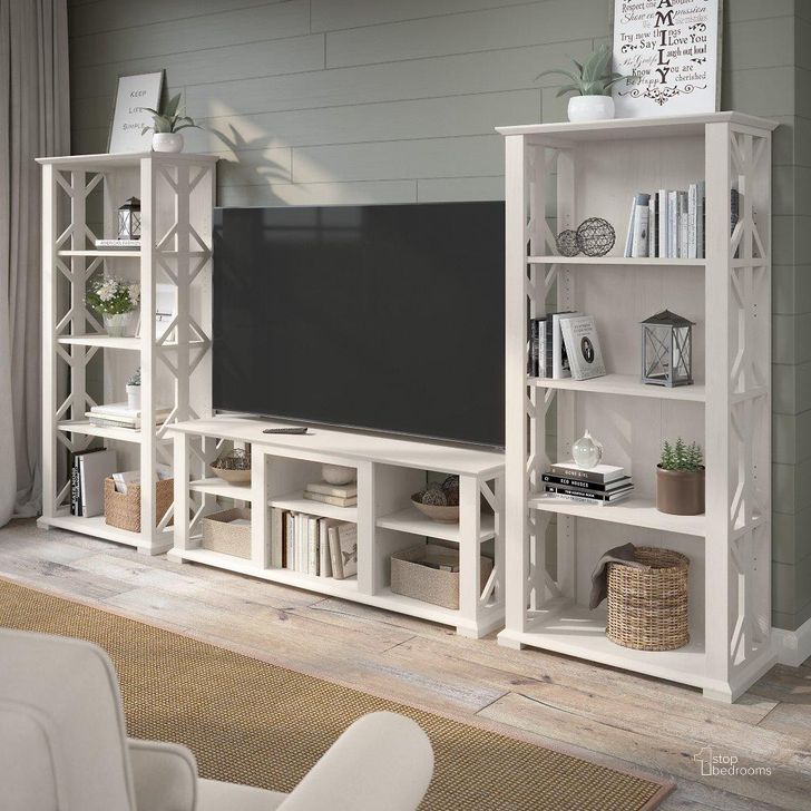 The appearance of Bush Furniture Homestead Farmhouse Tv Stand For 70 Inch Tv with 4 Shelf Farmhouse Bookcase Set in Linen White Oak designed by Bush Furniture in the country / farmhouse interior design. This oak and white piece of furniture  was selected by 1StopBedrooms from Homestead Collection to add a touch of cosiness and style into your home. Sku: HOT012LW. Material: Wood. Product Type: TV Stand. Image1