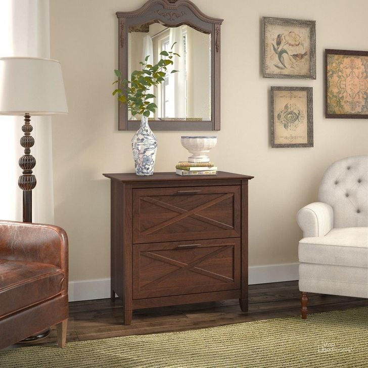 The appearance of Bush Furniture Key West 2 Drawer Lateral File Cabinet In Bing Cherry designed by Bush Furniture in the country / farmhouse interior design. This cherry piece of furniture  was selected by 1StopBedrooms from Key West Collection to add a touch of cosiness and style into your home. Sku: KWF130BC-03. Product Type: File Cabinet. Image1