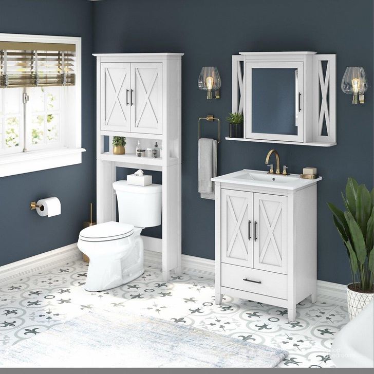 The appearance of Bush Furniture Key West 24W Bathroom Vanity Sink with Mirror and Over The Toilet Storage Cabinet in White Ash designed by Bush Furniture in the country / farmhouse interior design. This off white piece of furniture  was selected by 1StopBedrooms from Key West Bathroom Collection to add a touch of cosiness and style into your home. Sku: KWS031WAS. Product Type: Bathroom Vanity. Image1