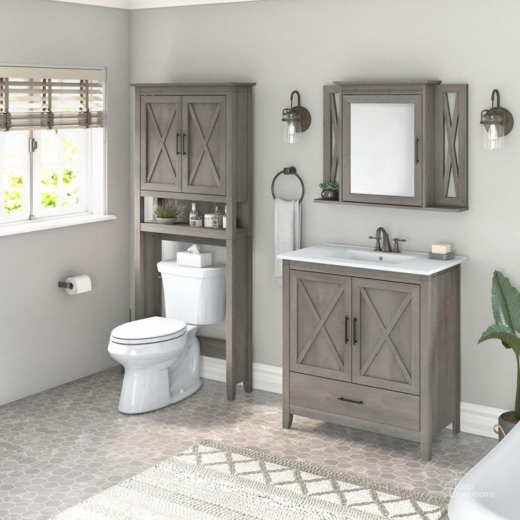 The appearance of Bush Furniture Key West 32W Bathroom Vanity Sink with Mirror and Over The Toilet Storage Cabinet in Driftwood Gray designed by Bush Furniture in the country / farmhouse interior design. This gray piece of furniture  was selected by 1StopBedrooms from Key West Bathroom Collection to add a touch of cosiness and style into your home. Sku: KWS032DG. Product Type: Bathroom Vanity. Image1