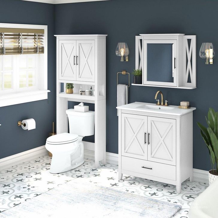 The appearance of Bush Furniture Key West 32W Bathroom Vanity Sink with Mirror and Over The Toilet Storage Cabinet in White Ash designed by Bush Furniture in the country / farmhouse interior design. This off white piece of furniture  was selected by 1StopBedrooms from Key West Bathroom Collection to add a touch of cosiness and style into your home. Sku: KWS032WAS. Product Type: Bathroom Vanity. Image1