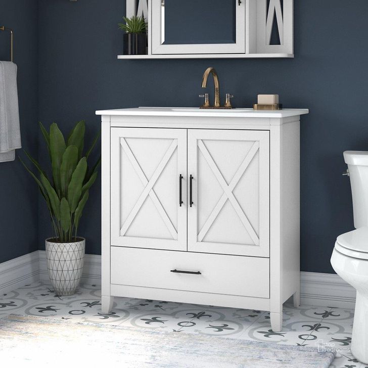 The appearance of Bush Furniture Key West 32W Bathroom Vanity with Sink in White Ash designed by Bush Furniture in the country / farmhouse interior design. This off white piece of furniture  was selected by 1StopBedrooms from Key West Bathroom Collection to add a touch of cosiness and style into your home. Sku: KWVN132WAS-03K. Product Type: Bathroom Vanity. Image1