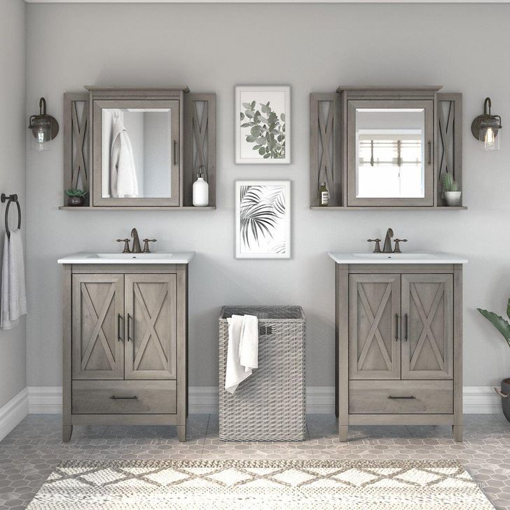 The appearance of Bush Furniture Key West 48W Double Vanity Set with Sinks and Medicine Cabinets in Driftwood Gray designed by Bush Furniture in the country / farmhouse interior design. This gray piece of furniture  was selected by 1StopBedrooms from Key West Bathroom Collection to add a touch of cosiness and style into your home. Sku: KWS041DG. Product Type: Vanity Set. Image1