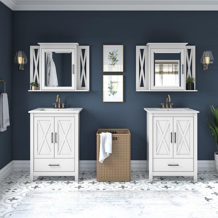 The appearance of Bush Furniture Key West 48W Double Vanity Set with Sinks and Medicine Cabinets in White Ash designed by Bush Furniture in the country / farmhouse interior design. This off white piece of furniture  was selected by 1StopBedrooms from Key West Bathroom Collection to add a touch of cosiness and style into your home. Sku: KWS041WAS. Product Type: Vanity Set. Image1