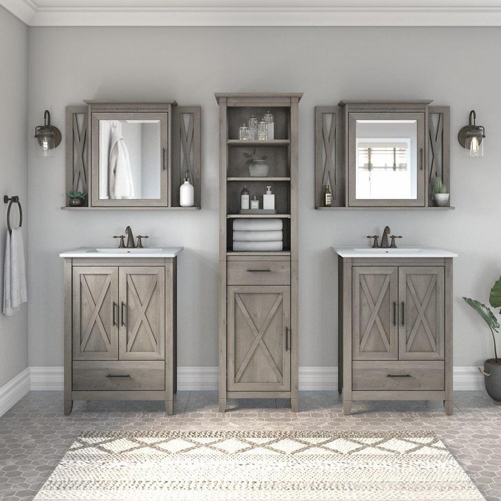 The appearance of Bush Furniture Key West 48W Double Vanity Set with Sinks, Medicine Cabinets and Linen Tower in Driftwood Gray designed by Bush Furniture in the country / farmhouse interior design. This gray piece of furniture  was selected by 1StopBedrooms from Key West Bathroom Collection to add a touch of cosiness and style into your home. Sku: KWS043DG. Product Type: Vanity Set. Image1