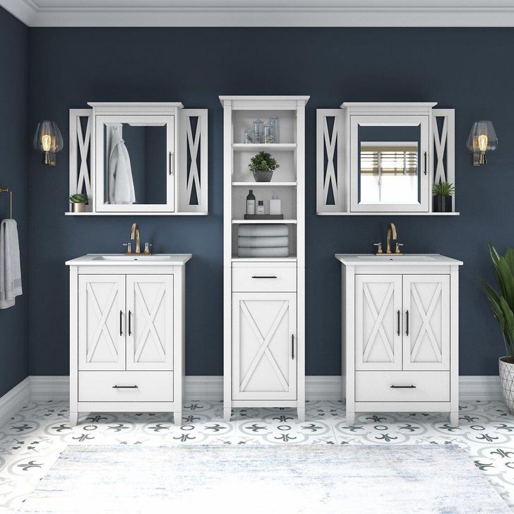 The appearance of Bush Furniture Key West 48W Double Vanity Set with Sinks, Medicine Cabinets and Linen Tower in White Ash designed by Bush Furniture in the country / farmhouse interior design. This off white piece of furniture  was selected by 1StopBedrooms from Key West Bathroom Collection to add a touch of cosiness and style into your home. Sku: KWS043WAS. Product Type: Vanity Set. Image1