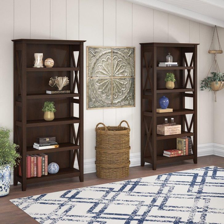 The appearance of Bush Furniture Key West 5 Shelf Bookcase Set In Bing Cherry designed by Bush Furniture in the country / farmhouse interior design. This cherry piece of furniture  was selected by 1StopBedrooms from Key West Collection to add a touch of cosiness and style into your home. Sku: KWS046BC. Product Type: Bookcase. Image1