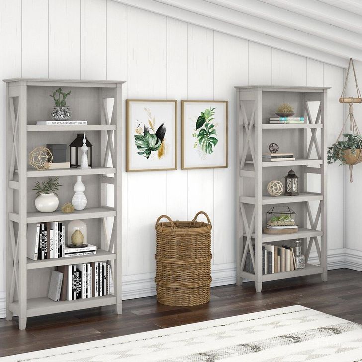 The appearance of Bush Furniture Key West 5 Shelf Bookcase Set In Linen White Oak designed by Bush Furniture in the country / farmhouse interior design. This linen white piece of furniture  was selected by 1StopBedrooms from Key West Collection to add a touch of cosiness and style into your home. Sku: KWS046LW. Product Type: Bookcase. Image1