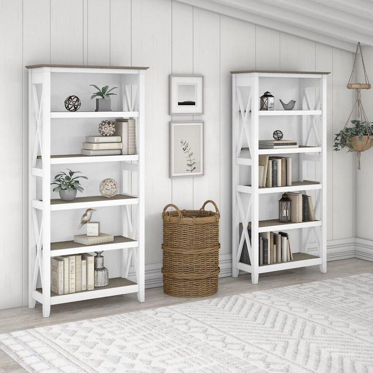 The appearance of Bush Furniture Key West 5 Shelf Bookcase Set In Pure White And Shiplap Gray designed by Bush Furniture in the country / farmhouse interior design. This white and gray piece of furniture  was selected by 1StopBedrooms from Key West Collection to add a touch of cosiness and style into your home. Sku: KWS046G2W. Product Type: Bookcase. Image1