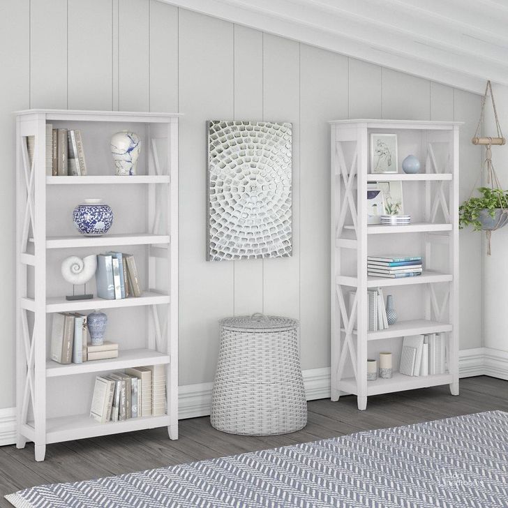 The appearance of Bush Furniture Key West 5 Shelf Bookcase Set In Pure White Oak designed by Bush Furniture in the country / farmhouse interior design. This white piece of furniture  was selected by 1StopBedrooms from Key West Collection to add a touch of cosiness and style into your home. Sku: KWS046WT. Product Type: Bookcase. Image1