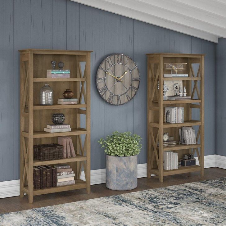 The appearance of Bush Furniture Key West 5 Shelf Bookcase Set In Reclaimed Pine designed by Bush Furniture in the country / farmhouse interior design. This pine piece of furniture  was selected by 1StopBedrooms from Key West Collection to add a touch of cosiness and style into your home. Sku: KWS046RCP. Product Type: Bookcase. Image1