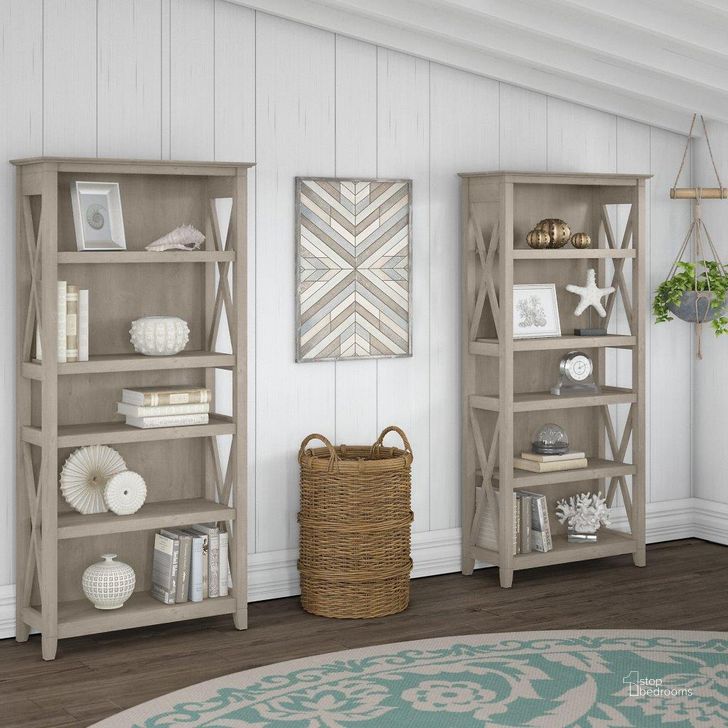 The appearance of Bush Furniture Key West 5 Shelf Bookcase Set in Washed Gray designed by Bush Furniture in the country / farmhouse interior design. This washed grey piece of furniture  was selected by 1StopBedrooms from Key West Collection to add a touch of cosiness and style into your home. Sku: KWS046WG. Product Type: Bookcase. Image1