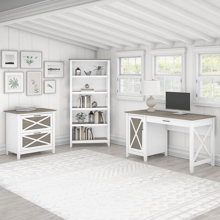The appearance of Bush Furniture Key West 54W Computer Desk With 2 Drawer Lateral File Cabinet And 5 Shelf Bookcase In Pure White And Shiplap Gray designed by Bush Furniture in the country / farmhouse interior design. This white and gray piece of furniture  was selected by 1StopBedrooms from Key West Collection to add a touch of cosiness and style into your home. Sku: KWS009G2W. Product Type: Home Office Desk. Image1