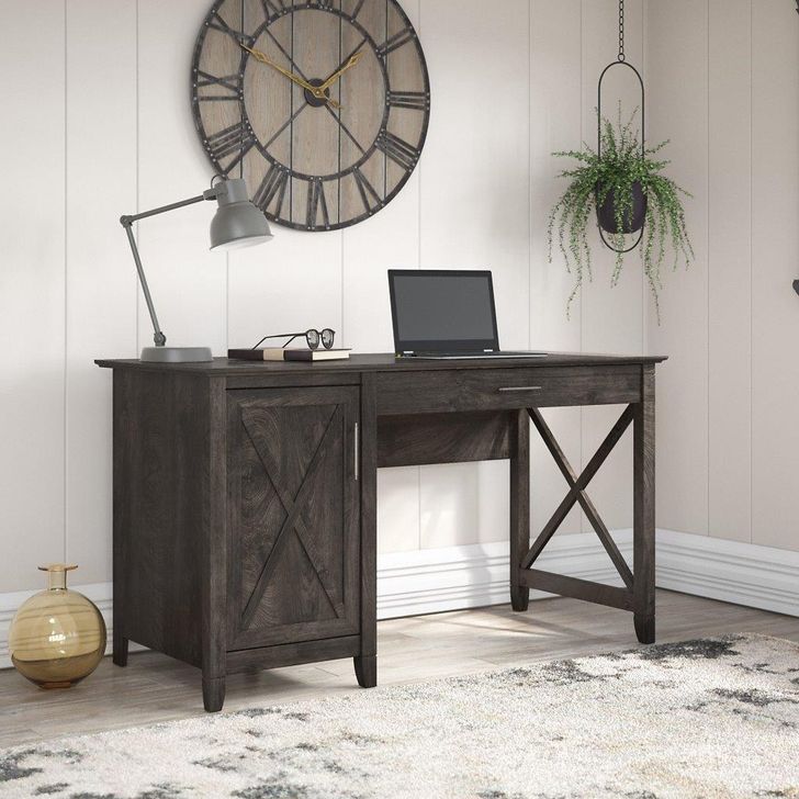 The appearance of Bush Furniture Key West 54W Computer Desk With Keyboard Tray And Storage In Dark Gray Hickory designed by Bush Furniture in the country / farmhouse interior design. This dark gray piece of furniture  was selected by 1StopBedrooms from Key West Collection to add a touch of cosiness and style into your home. Sku: KWD154GH-03. Product Type: Computer Desk. Image1