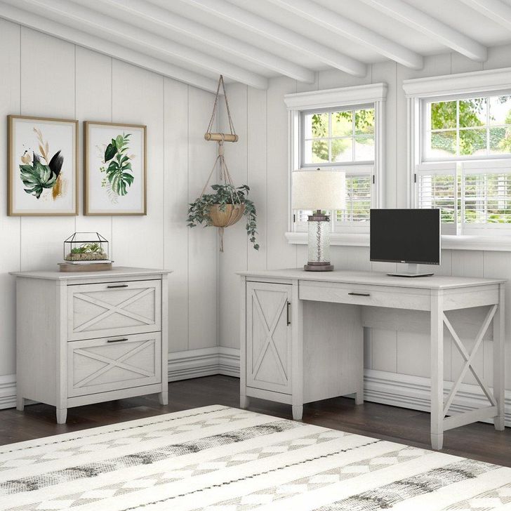 The appearance of Bush Furniture Key West 54W Computer Desk With Storage And 2 Drawer Lateral File Cabinet In Linen White Oak designed by Bush Furniture in the country / farmhouse interior design. This linen white piece of furniture  was selected by 1StopBedrooms from Key West Collection to add a touch of cosiness and style into your home. Sku: KWS008LW. Product Type: Home Office Desk. Image1
