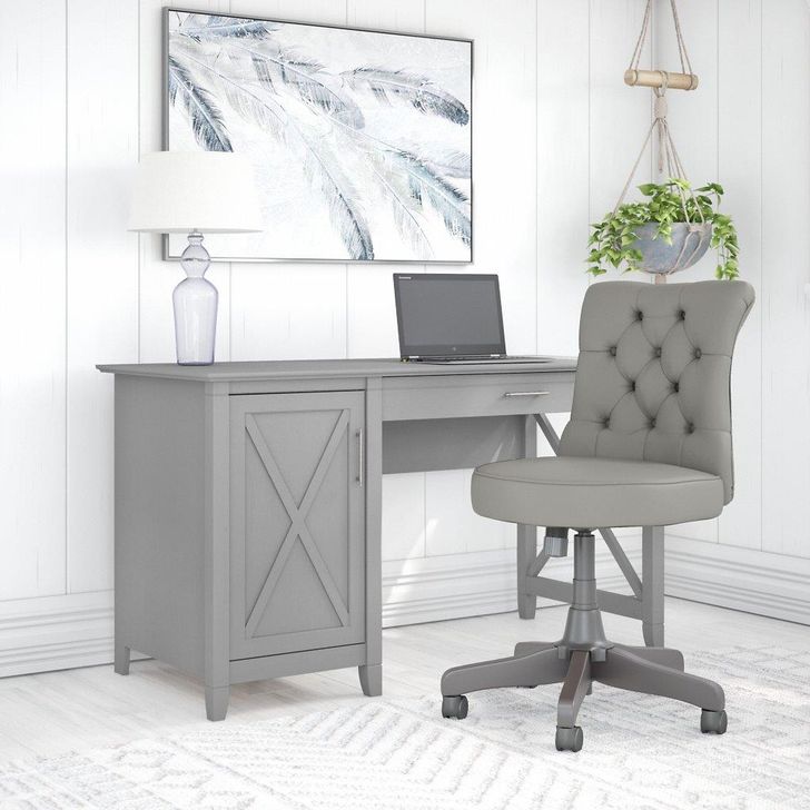 The appearance of Bush Furniture Key West 54W Computer Desk with Storage and Mid Back Tufted Office Chair in Cape Cod Gray designed by Bush Furniture in the country / farmhouse interior design. This gray piece of furniture  was selected by 1StopBedrooms from Key West Collection to add a touch of cosiness and style into your home. Sku: KWS020CG. Product Type: Computer Desk. Image1