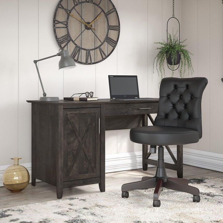 The appearance of Bush Furniture Key West 54W Computer Desk with Storage and Mid Back Tufted Office Chair in Dark Gray Hickory designed by Bush Furniture in the country / farmhouse interior design. This dark gray piece of furniture  was selected by 1StopBedrooms from Key West Collection to add a touch of cosiness and style into your home. Sku: KWS020GH. Product Type: Computer Desk. Image1