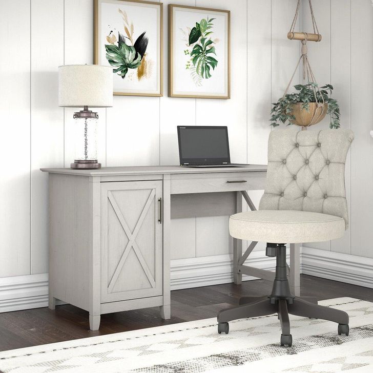 The appearance of Bush Furniture Key West 54W Computer Desk with Storage and Mid Back Tufted Office Chair in Linen White Oak designed by Bush Furniture in the country / farmhouse interior design. This linen white piece of furniture  was selected by 1StopBedrooms from Key West Collection to add a touch of cosiness and style into your home. Sku: KWS020LW. Product Type: Computer Desk. Image1