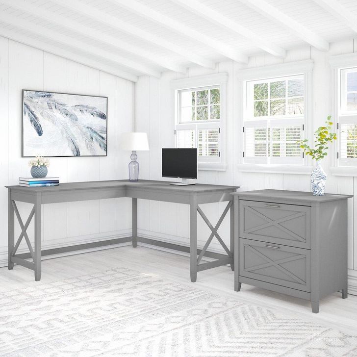 The appearance of Bush Furniture Key West 60W L Shaped Desk With 2 Drawer Lateral File Cabinet In Cape Cod Gray designed by Bush Furniture in the country / farmhouse interior design. This gray piece of furniture  was selected by 1StopBedrooms from Key West Collection to add a touch of cosiness and style into your home. Sku: KWS014CG. Product Type: Home Office Desk. Image1