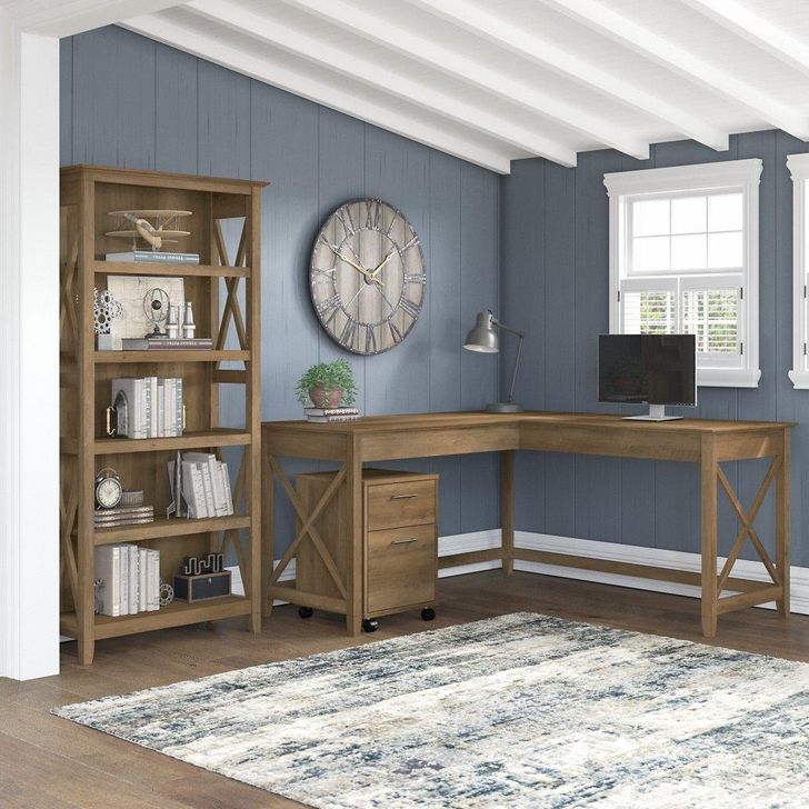 The appearance of Bush Furniture Key West 60W L Shaped Desk With 2 Drawer Mobile File Cabinet And 5 Shelf Bookcase In Reclaimed Pine designed by Bush Furniture in the country / farmhouse interior design. This pine piece of furniture  was selected by 1StopBedrooms from Key West Collection to add a touch of cosiness and style into your home. Sku: KWS016RCP. Product Type: Home Office Desk. Image1