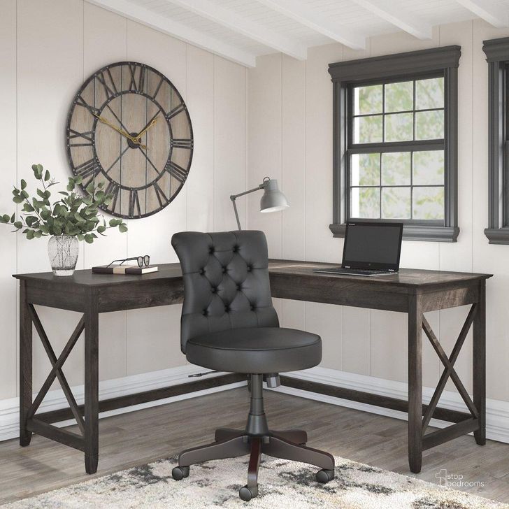 The appearance of Bush Furniture Key West 60W L Shaped Desk with Mid Back Tufted Office Chair in Dark Gray Hickory designed by Bush Furniture in the country / farmhouse interior design. This dark gray piece of furniture  was selected by 1StopBedrooms from Key West Collection to add a touch of cosiness and style into your home. Sku: KWS045GH. Material: Wood. Product Type: Home Office Set. Image1