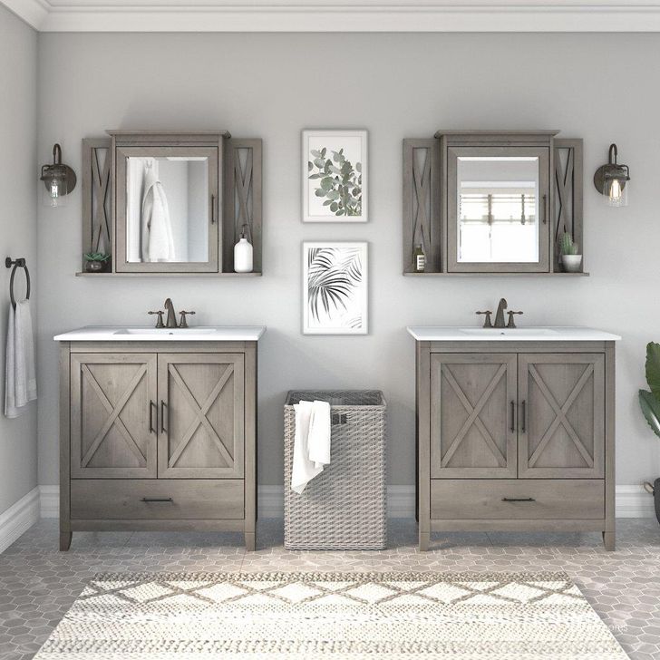 The appearance of Bush Furniture Key West 64W Double Vanity Set with Sinks and Medicine Cabinets in Driftwood Gray designed by Bush Furniture in the country / farmhouse interior design. This gray piece of furniture  was selected by 1StopBedrooms from Key West Bathroom Collection to add a touch of cosiness and style into your home. Sku: KWS042DG. Product Type: Vanity Set. Image1