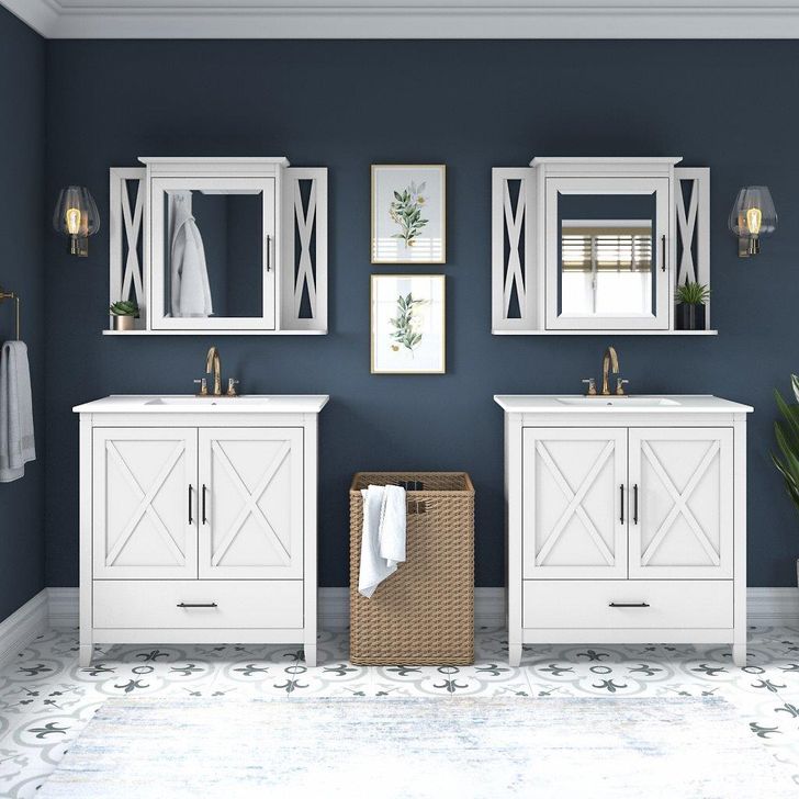 The appearance of Bush Furniture Key West 64W Double Vanity Set with Sinks and Medicine Cabinets in White Ash designed by Bush Furniture in the country / farmhouse interior design. This off white piece of furniture  was selected by 1StopBedrooms from Key West Bathroom Collection to add a touch of cosiness and style into your home. Sku: KWS042WAS. Product Type: Vanity Set. Image1
