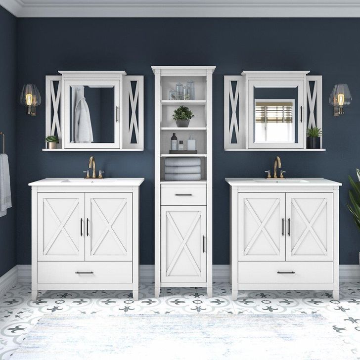 The appearance of Bush Furniture Key West 64W Double Vanity Set with Sinks, Medicine Cabinets and Linen Tower in White Ash designed by Bush Furniture in the country / farmhouse interior design. This off white piece of furniture  was selected by 1StopBedrooms from Key West Bathroom Collection to add a touch of cosiness and style into your home. Sku: KWS044WAS. Product Type: Vanity Set. Image1