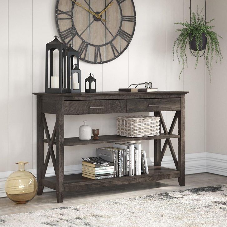 The appearance of Bush Furniture Key West Console Table With Drawers And Shelves In Dark Gray Hickory designed by Bush Furniture in the country / farmhouse interior design. This dark gray piece of furniture  was selected by 1StopBedrooms from Key West Collection to add a touch of cosiness and style into your home. Sku: KWT248GH-03. Product Type: Console Table. Image1