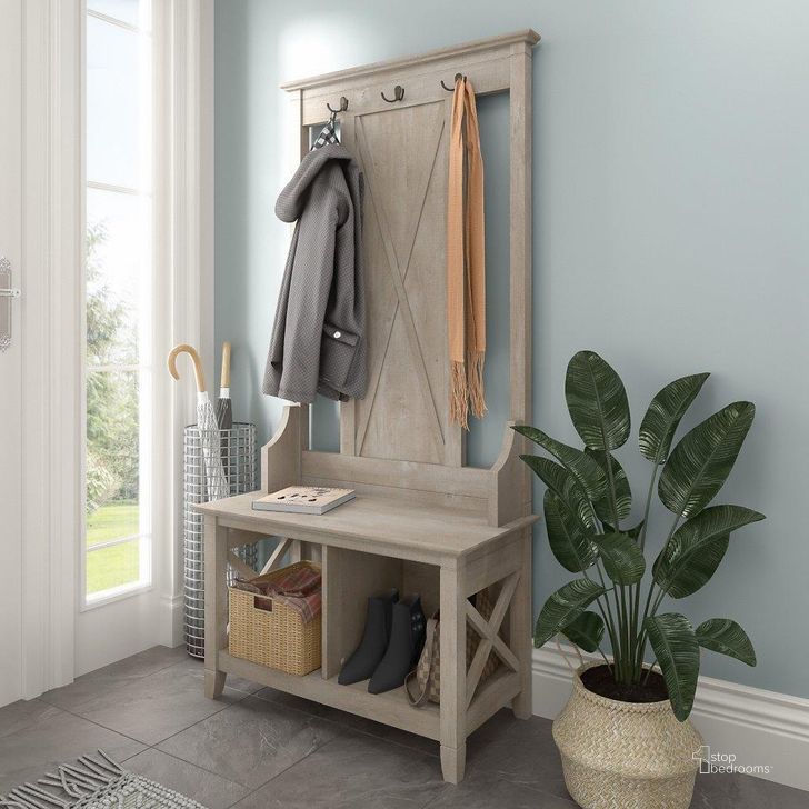 The appearance of Bush Furniture Key West Hall Tree with Shoe Storage Bench in Washed Gray designed by Bush Furniture in the country / farmhouse interior design. This washed grey piece of furniture  was selected by 1StopBedrooms from Key West Collection to add a touch of cosiness and style into your home. Sku: KWS166WG-03. Product Type: Shoe Cabinet. Image1