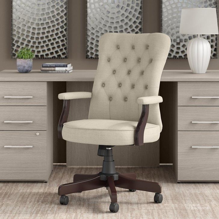The appearance of Bush Furniture Key West High Back Tufted Office Chair with Arms in Cream Fabric designed by Bush Furniture in the country / farmhouse interior design. This cream piece of furniture  was selected by 1StopBedrooms from Key West Collection to add a touch of cosiness and style into your home. Sku: KWSCH2303CRF-Z. Material: Wood. Product Type: Office Chair. Image1