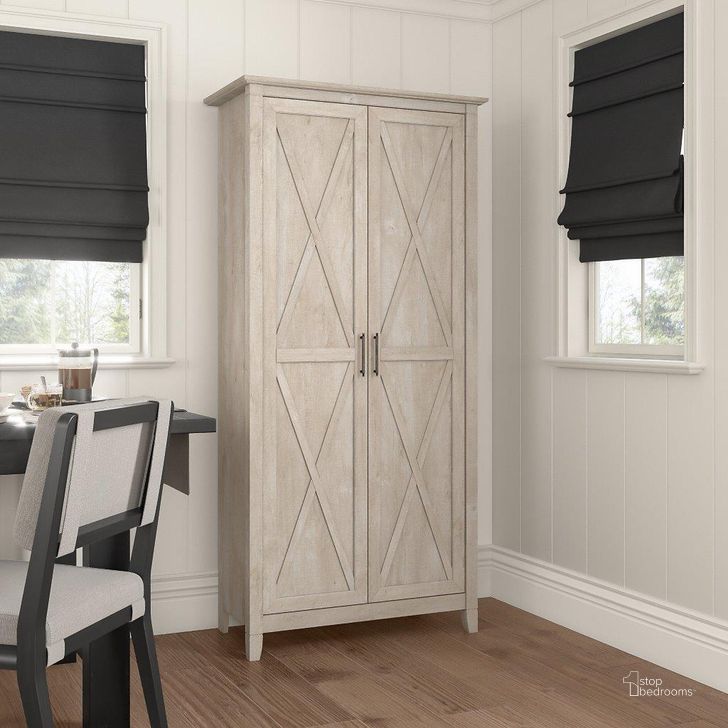 The appearance of Bush Furniture Key West Kitchen Pantry Cabinet in Washed Gray designed by Bush Furniture in the country / farmhouse interior design. This washed grey piece of furniture  was selected by 1StopBedrooms from Key West Collection to add a touch of cosiness and style into your home. Sku: KWS266WG-Z. Product Type: China Cabinet. Image1