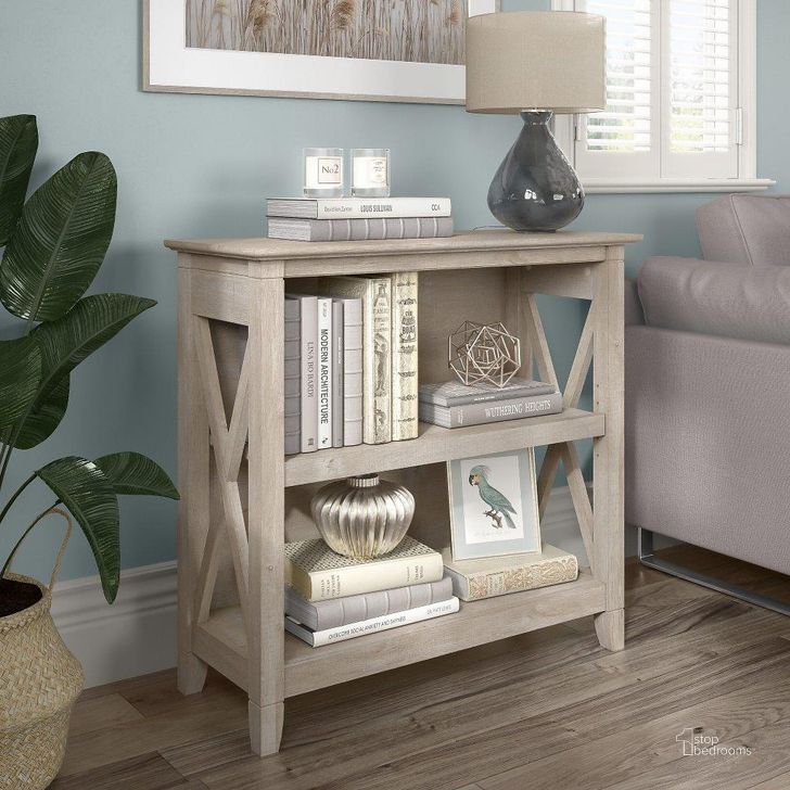 The appearance of Bush Furniture Key West Small 2 Shelf Bookcase in Washed Gray designed by Bush Furniture in the country / farmhouse interior design. This washed grey piece of furniture  was selected by 1StopBedrooms from Key West Collection to add a touch of cosiness and style into your home. Sku: KWB124WG-03. Product Type: Bookcase. Image1