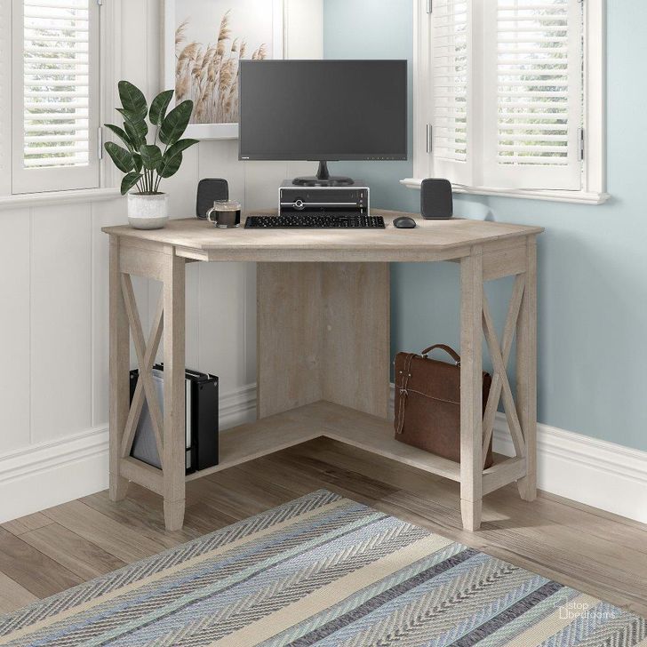 The appearance of Bush Furniture Key West Small Corner Desk in Washed Gray designed by Bush Furniture in the country / farmhouse interior design. This washed grey piece of furniture  was selected by 1StopBedrooms from Key West Collection to add a touch of cosiness and style into your home. Sku: KWD134WG-03. Product Type: Corner Desk. Image1